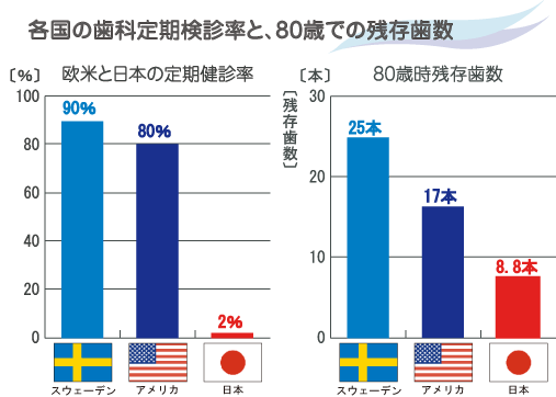 各国の歯科定期検診率と80歳での残存歯数